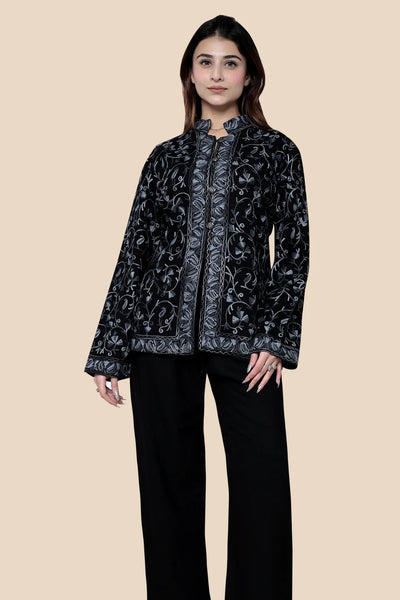 Black Woolen Short Coat for Women - Kashmiri Craftsmanship
