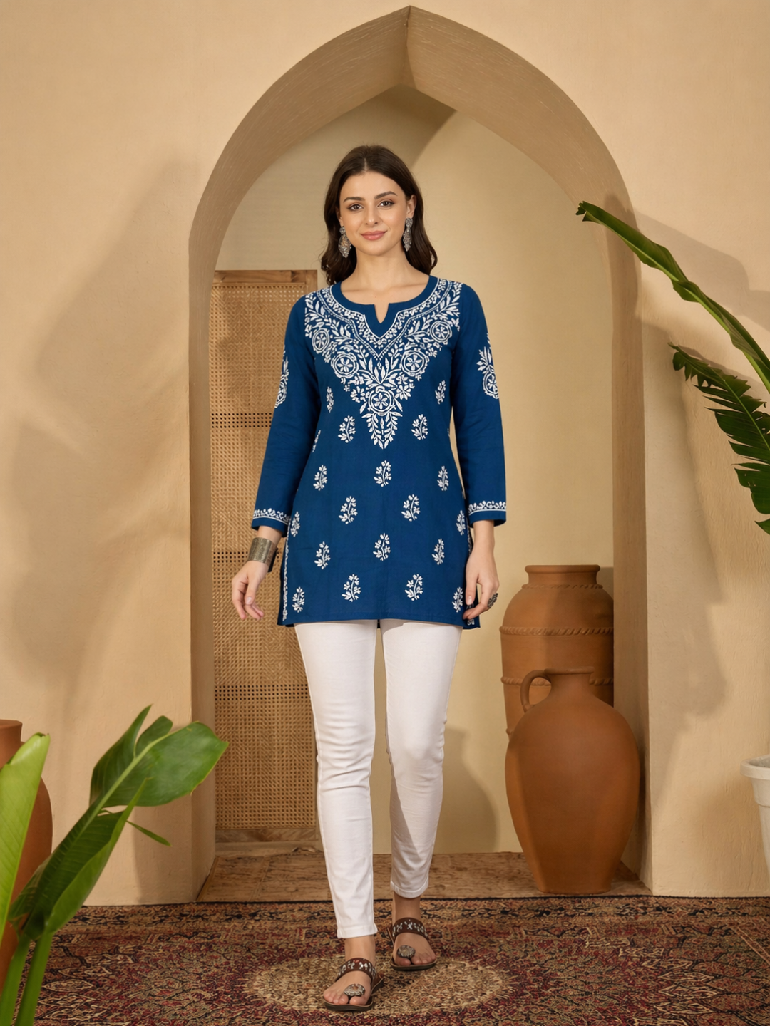 Royal blue rayon short kurti with hand Lakhnavi embroidery for women