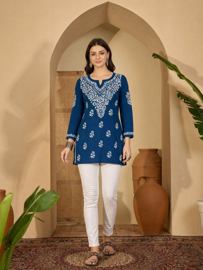 Royal blue rayon short kurti with hand Lakhnavi embroidery for women