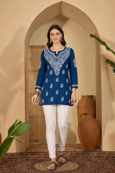 Royal Blue Rayon Short Kurti with Hand Lakhnavi Embroidery for Women