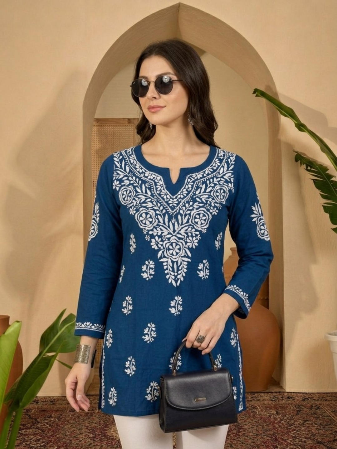 Royal blue Lakhnavi embroidery kurti - front view