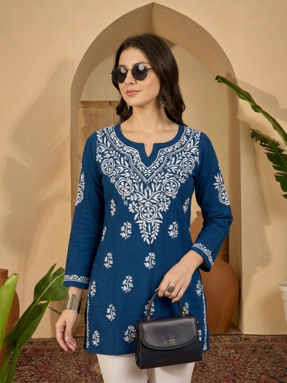 Royal blue Lakhnavi embroidery kurti - front view