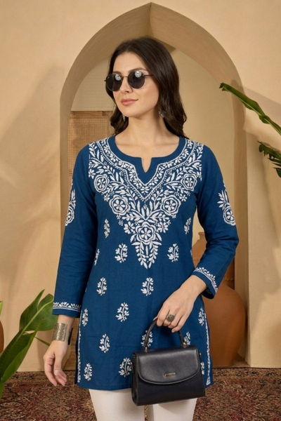 Royal Blue Rayon Short Kurti with Hand Lakhnavi Embroidery for Women