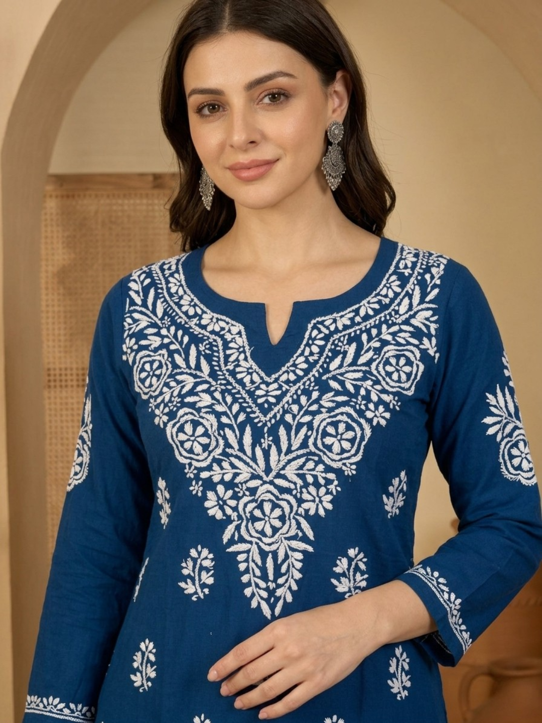 Royal blue kurti Lakhnavi embroidery detail