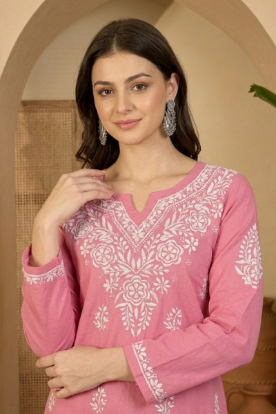 Pink Rayon Chikankari Embroidered Short Kurti for Women | Stylish Ethnic Casual Wear