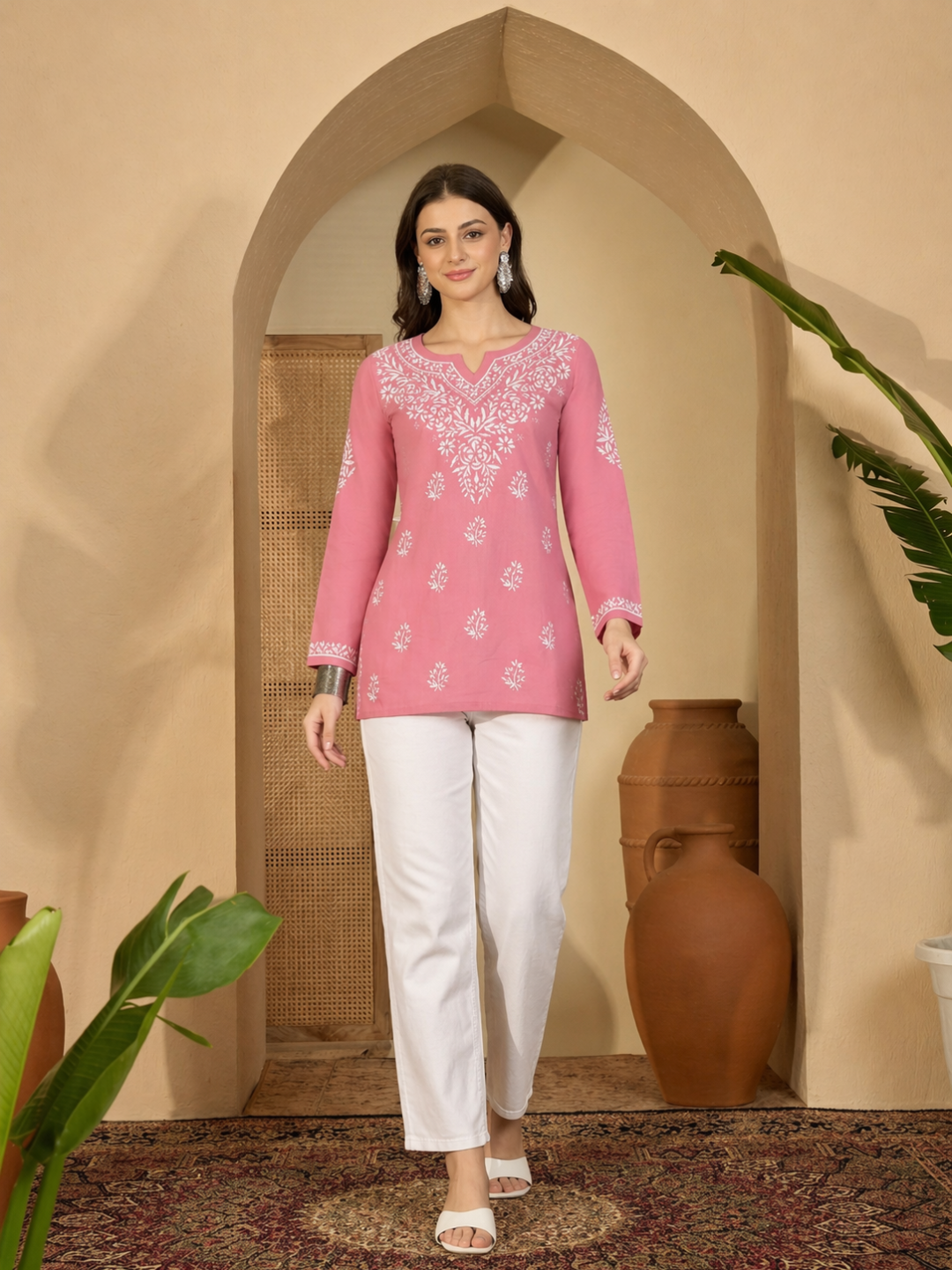 Pink Rayon Chikankari Kurti - back view