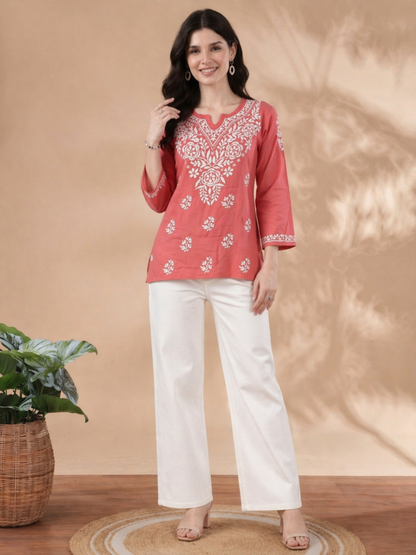 Peach Rayon Kurti Lakhnavi embroidery detail
