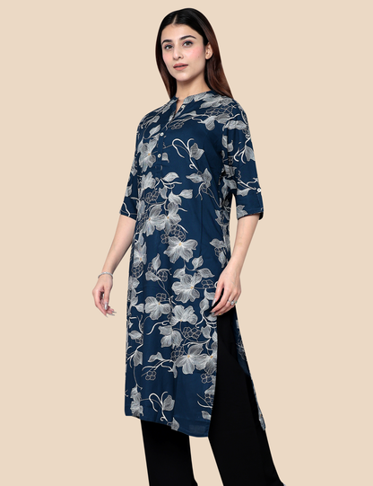 Woman wearing indigo blue printed kurti