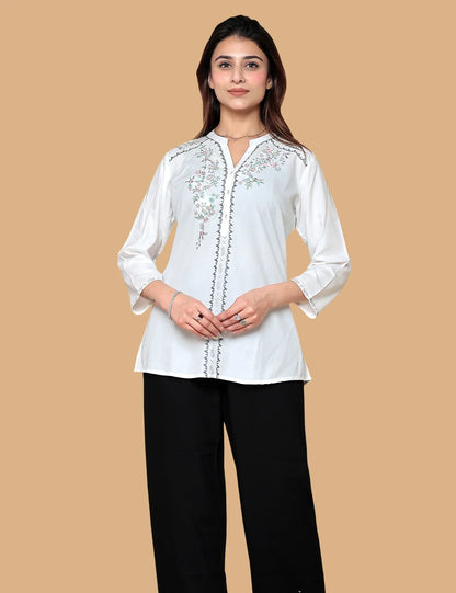White embroidered cotton short kurti for women
