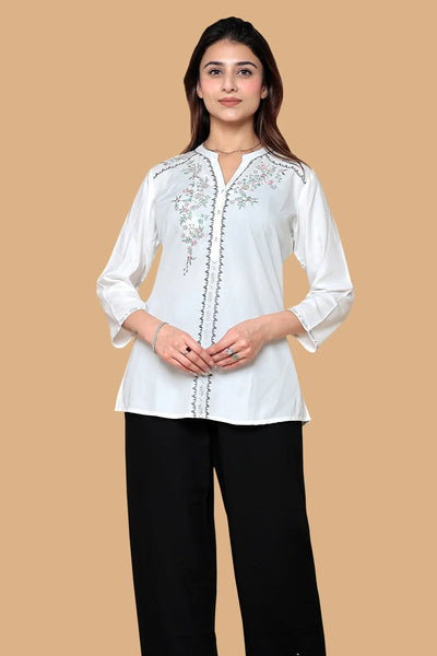 White Embroidered Cotton Short Kurti for Women