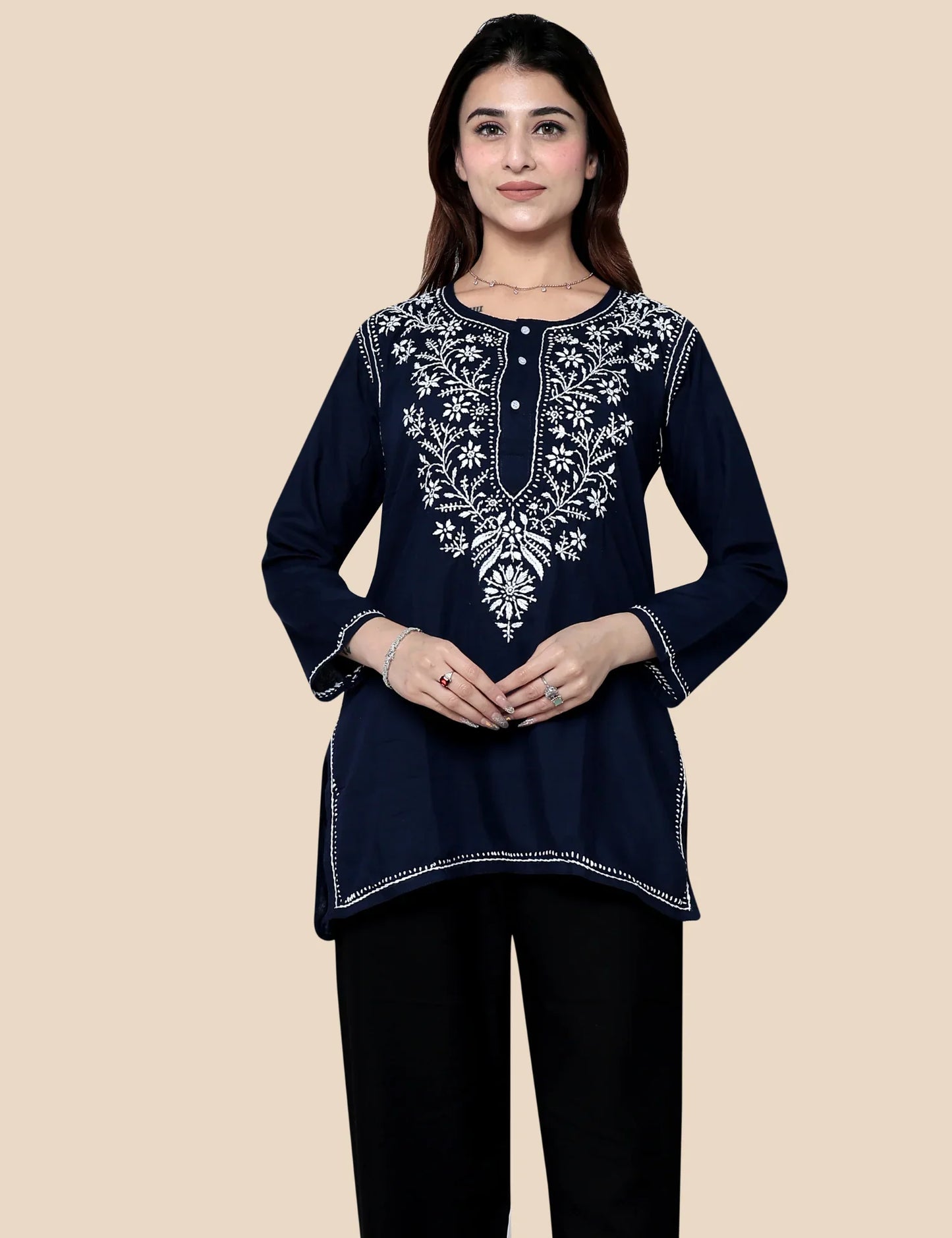 Elegant navy blue short embroidered kurti for women