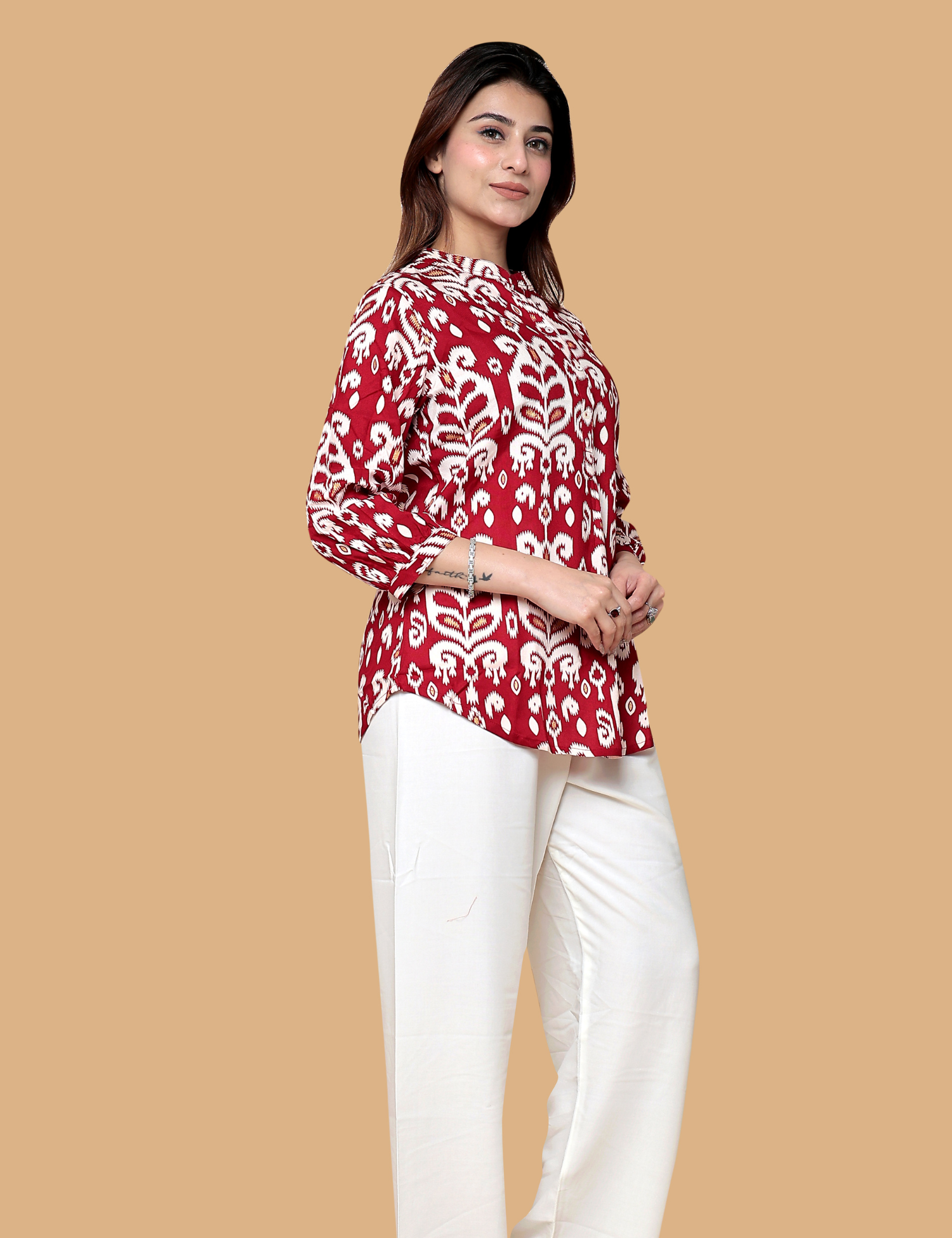 Red Printed Cotton Short Kurti