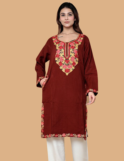 Red Kashmiri phiran embroidery close-up