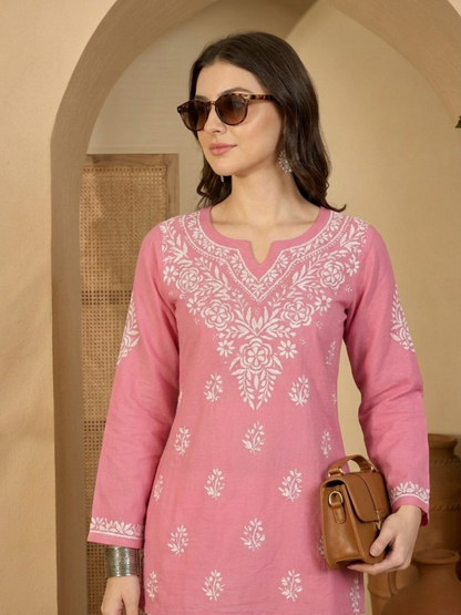 Pink Rayon Short Kurti with Hand Lakhnavi Embroidery for Women