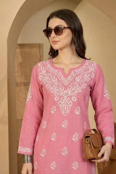 Pink Rayon Short Kurti with Hand Lakhnavi Embroidery for Women