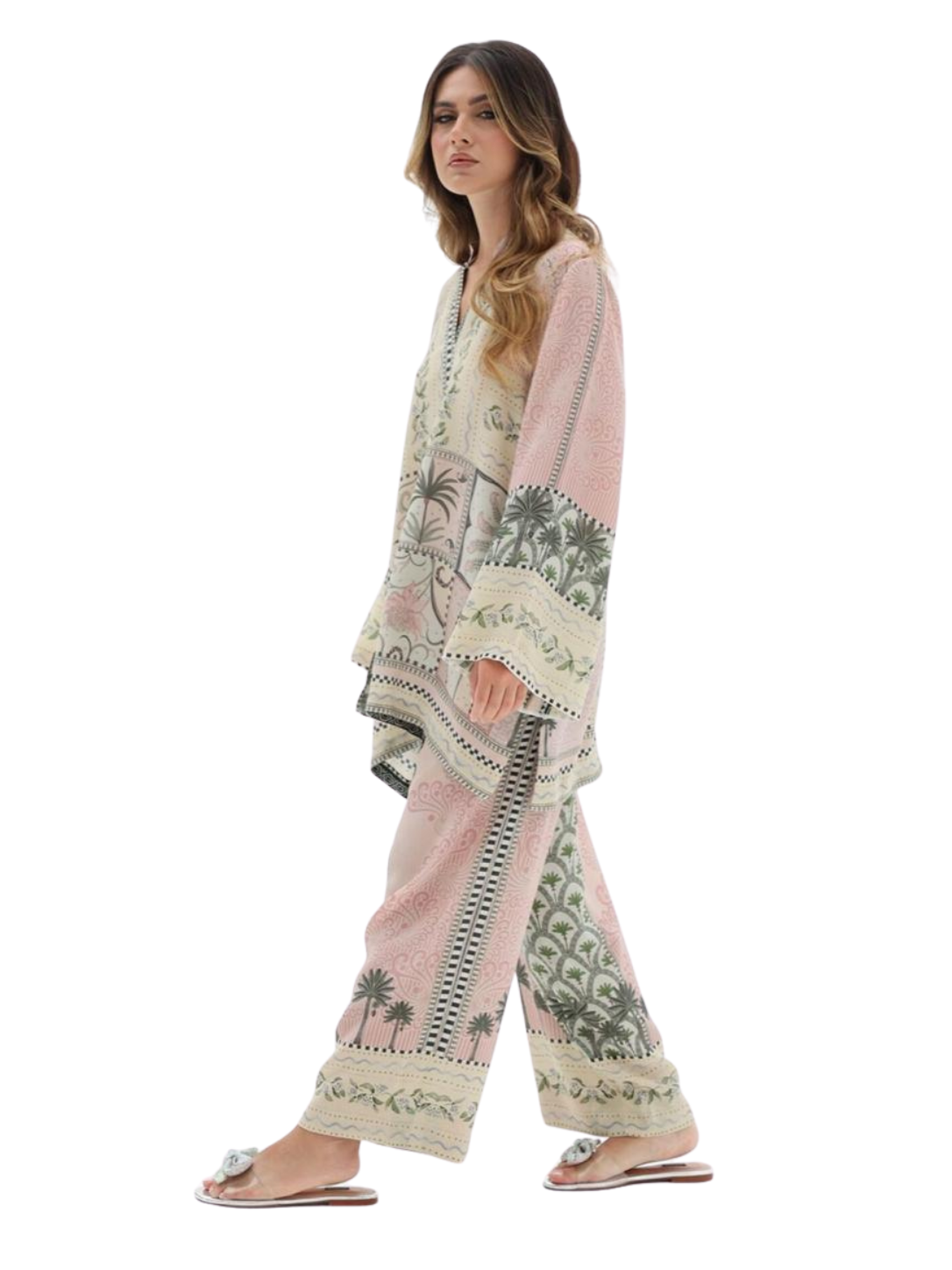 Women's Printed Co-Ord Set – Pink Floral Kurta & Wide Leg Pants