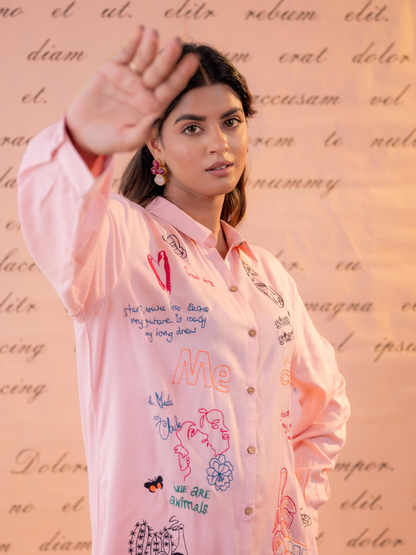 Light Pink Pure Cotton Linen Hand Embroidered Co-Ord Set for Women
