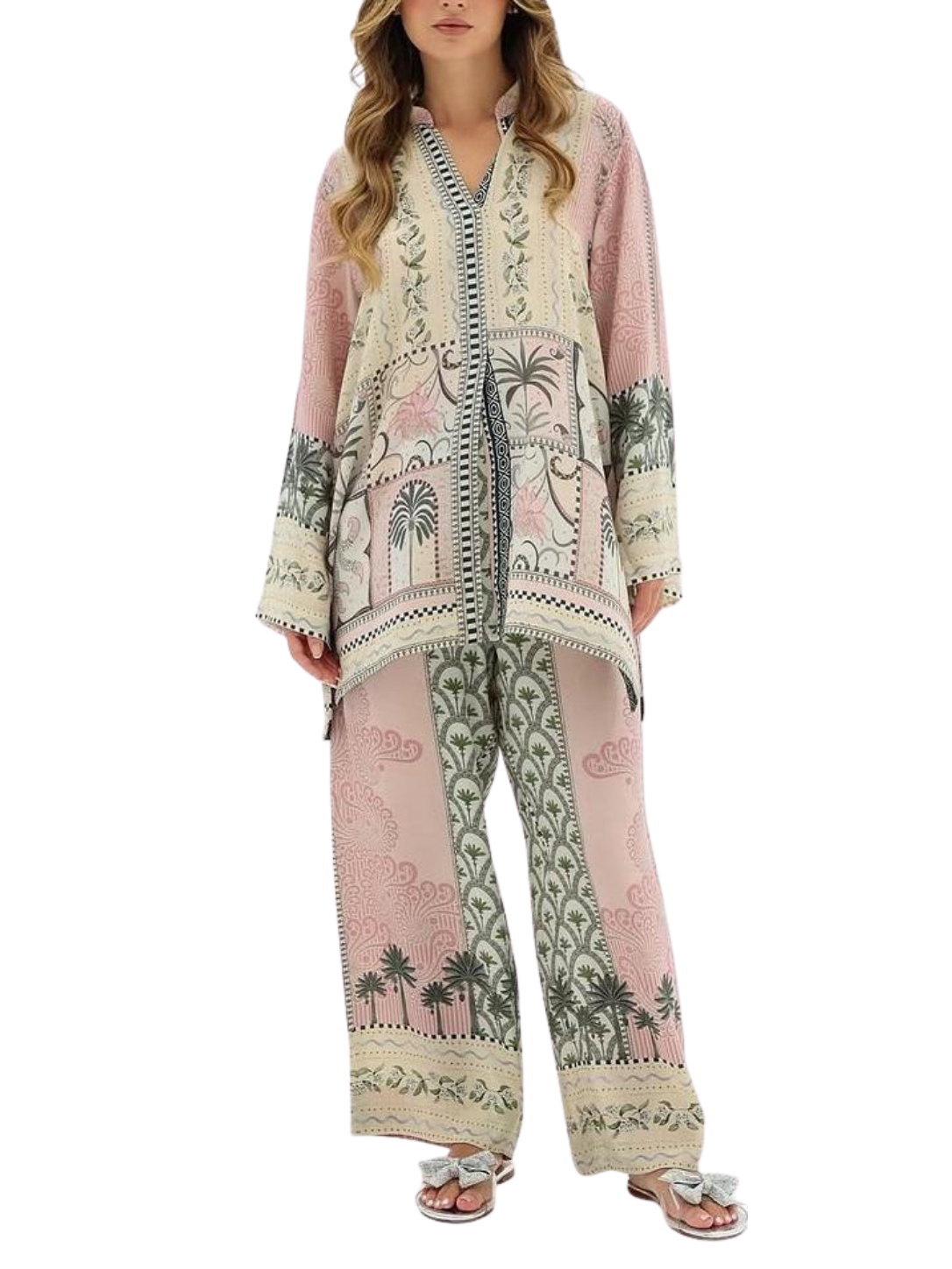 Women's Printed Co-Ord Set – Pink Floral Kurta & Wide Leg Pants