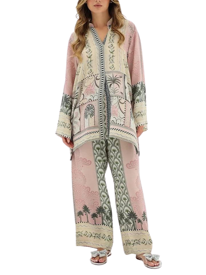 Women's Printed Co-Ord Set – Pink Floral Kurta & Wide Leg Pants