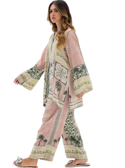 Women's Printed Co-Ord Set – Pink Floral Kurta & Wide Leg Pants