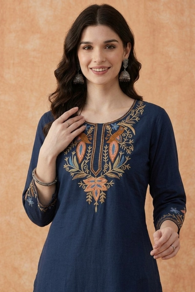 Navy Blue Embroidered Kurti