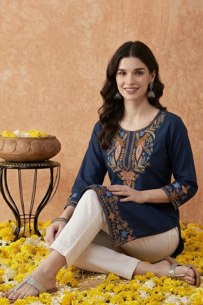 Navy Blue Embroidered Kurti