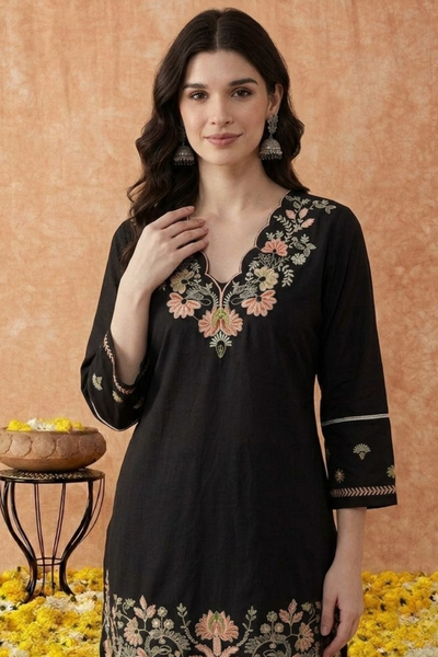 Black Embroidered Cotton Dress Set
