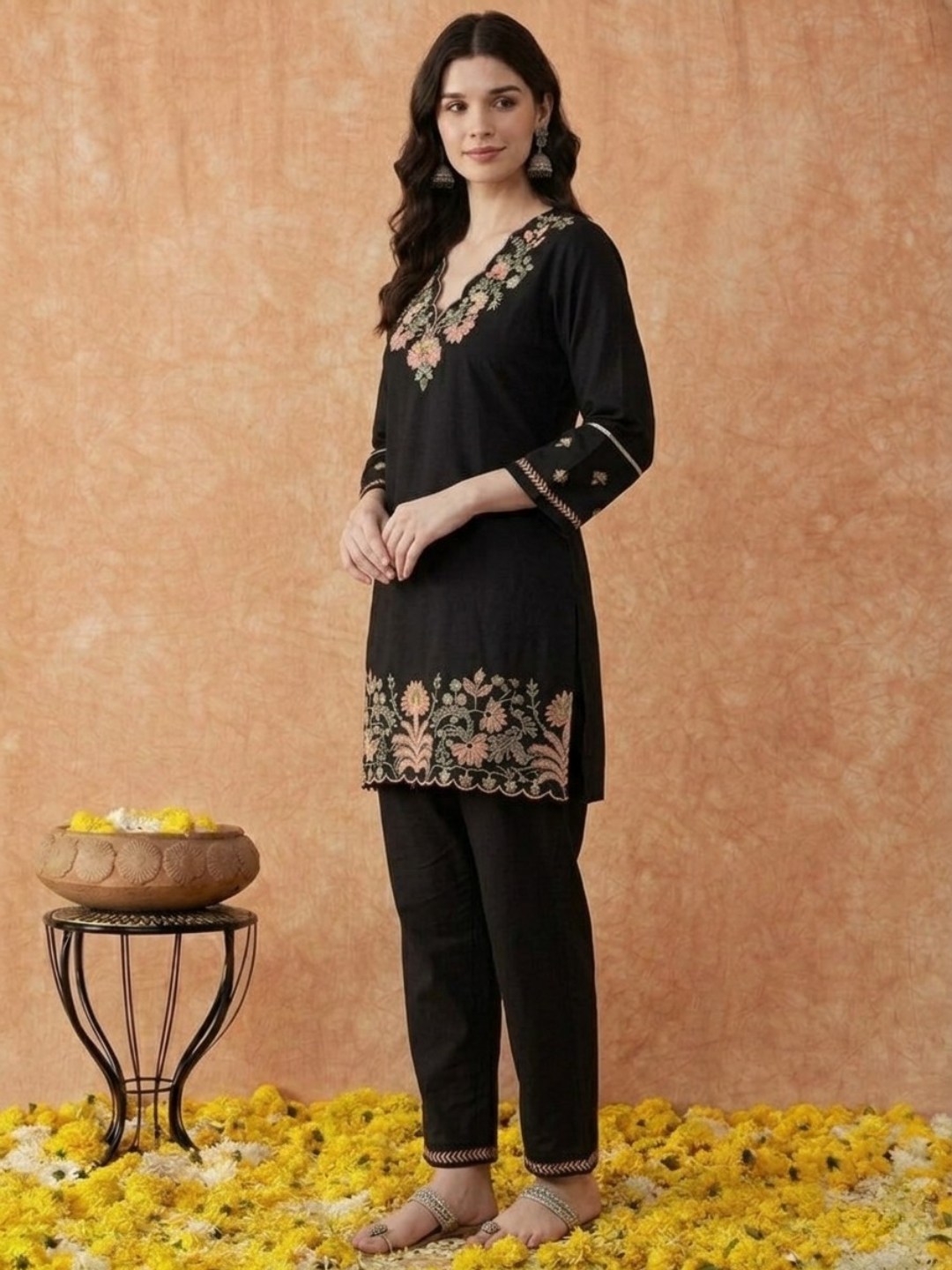 Black Embroidered Cotton Dress Set