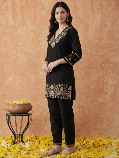 Black Embroidered Cotton Dress Set