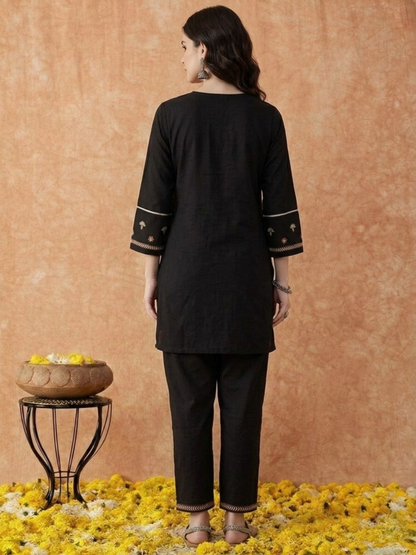Black Embroidered Cotton Dress Set