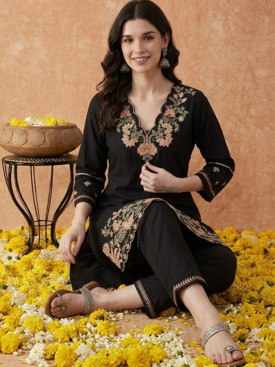 Black Embroidered Cotton Dress Set