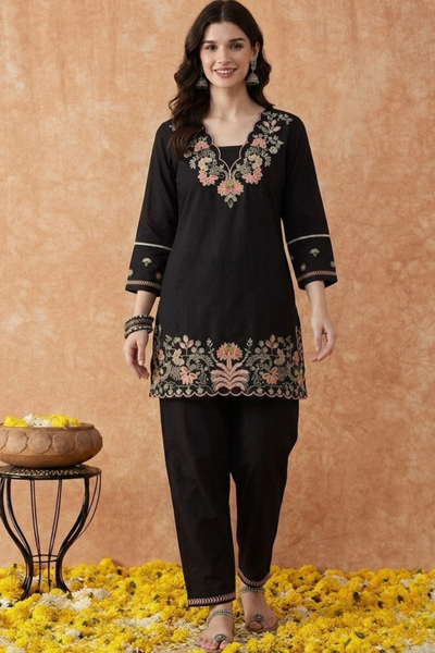 Black Embroidered Cotton Dress Set