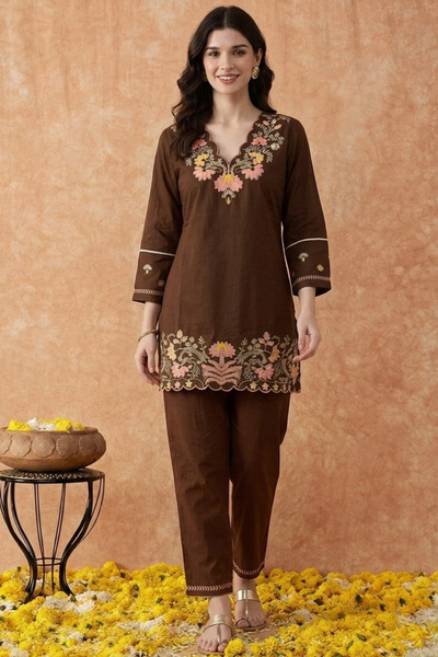 Brown Cotton Embroidery 2 Set