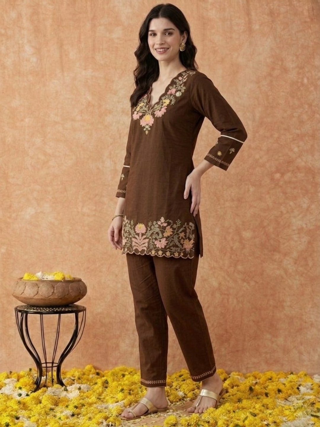 Brown Cotton Embroidery 2 Set