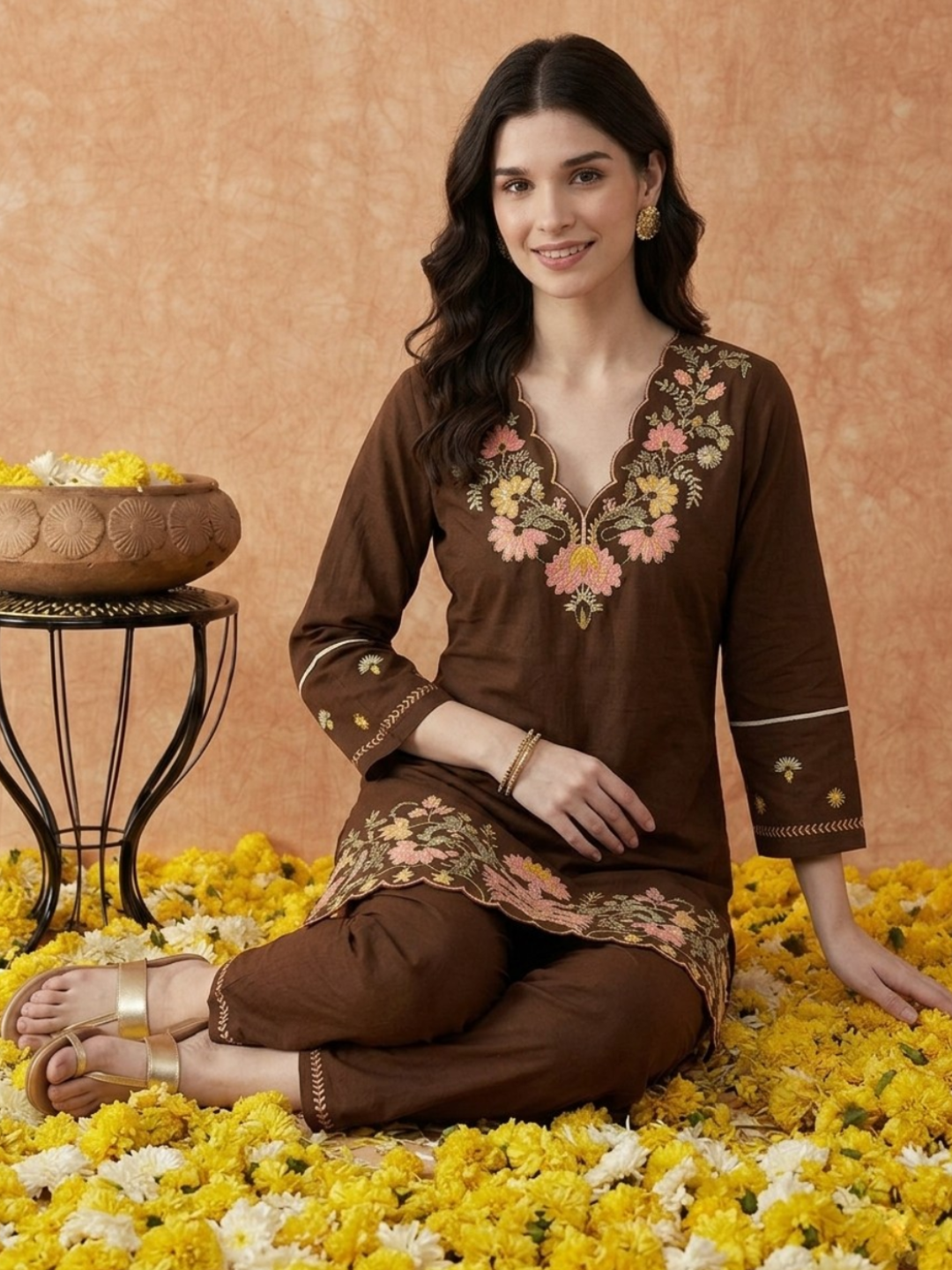 Brown Cotton Embroidery 2 Set