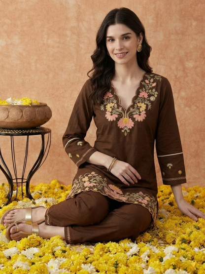 Brown Cotton Embroidery 2 Set