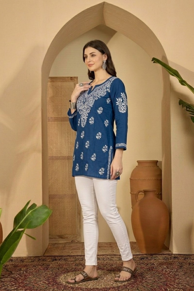 Royal Blue Embroidered Cotton Kurti