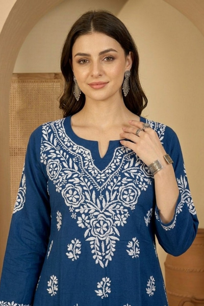 Royal Blue Embroidered Cotton Kurti