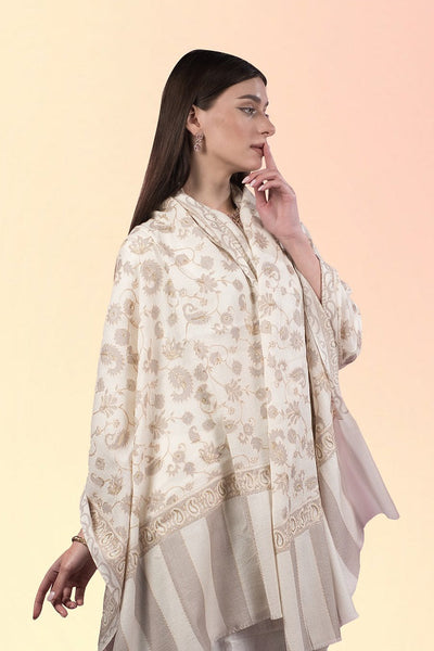 Silver Flower Golden Mist Embroidered Kashmiri Shawl