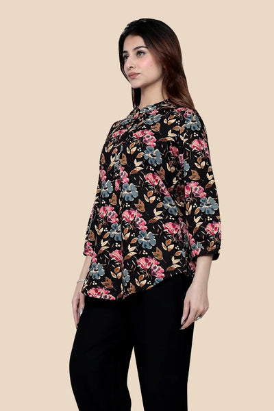 Black Multi Floral Printed Cotton Short Kurti