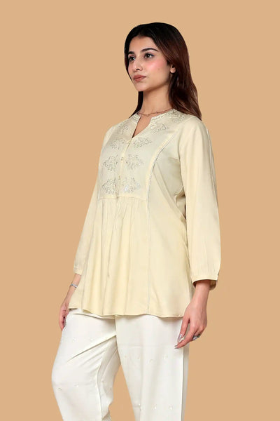 Cream Embroidered Short Kurti