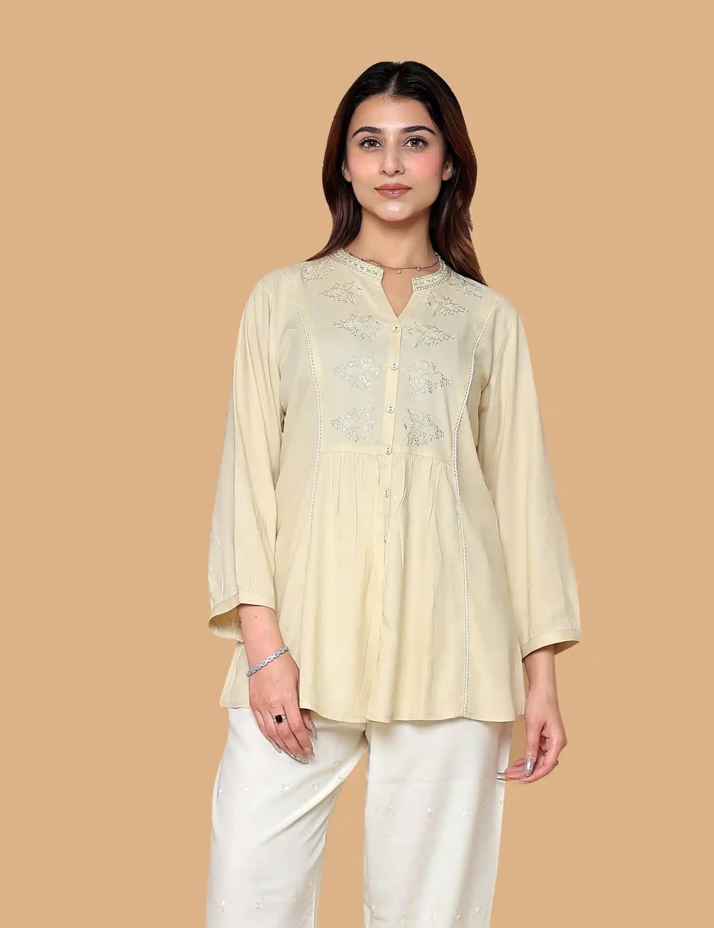 Cream Embroidered Short Kurti