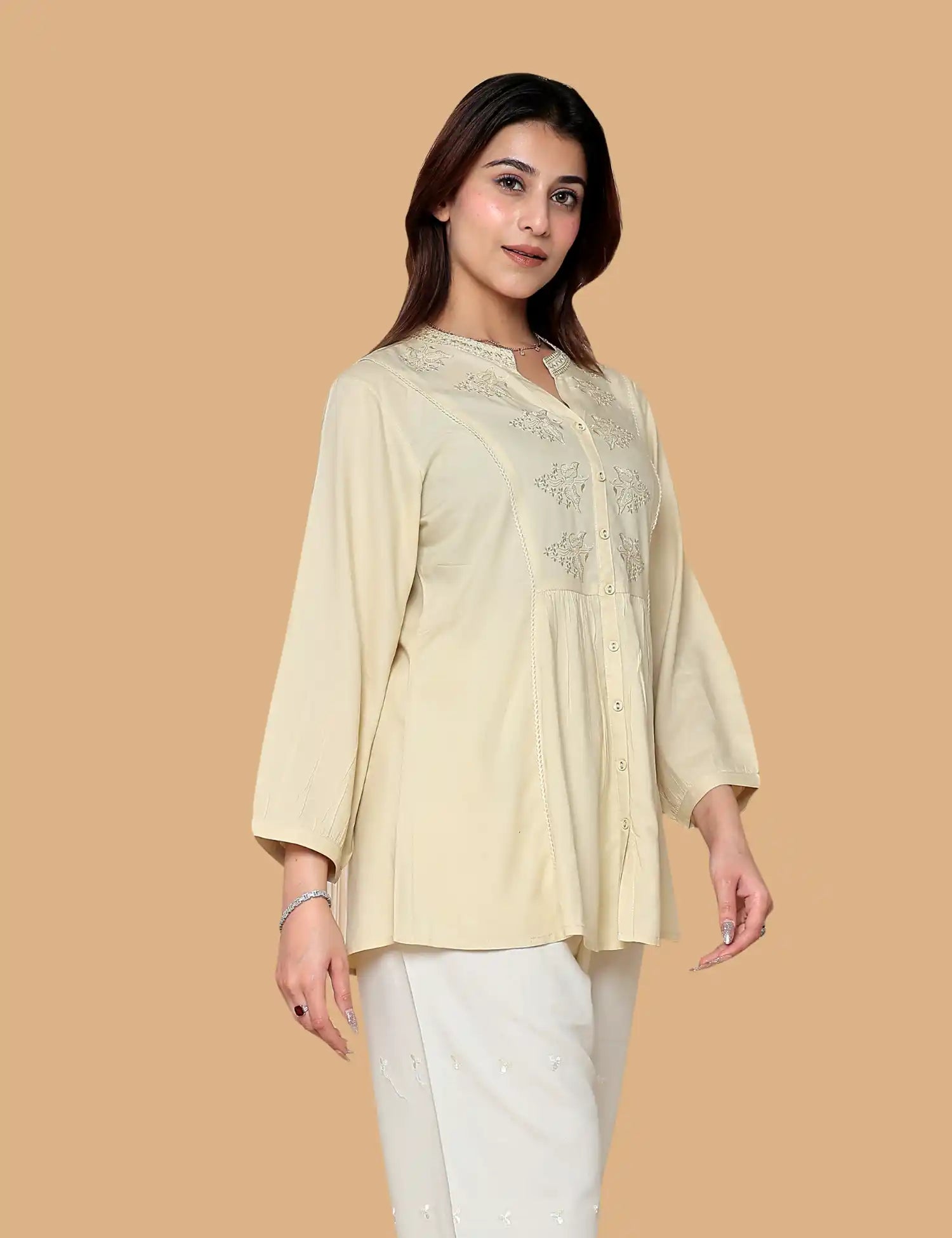 Cream Embroidered Short Kurti