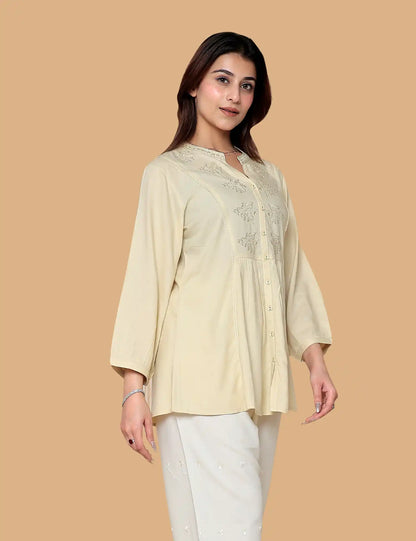 Cream Embroidered Short Kurti