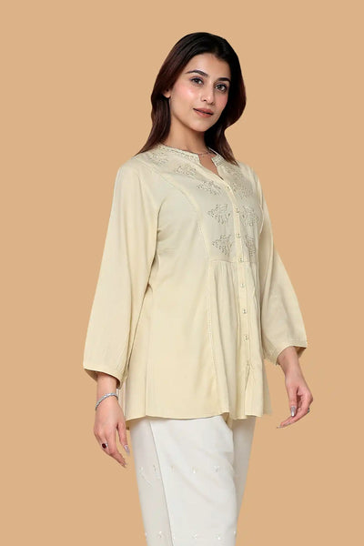 Cream Embroidered Short Kurti