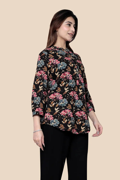 Black Multi Floral Printed Cotton Short Kurti