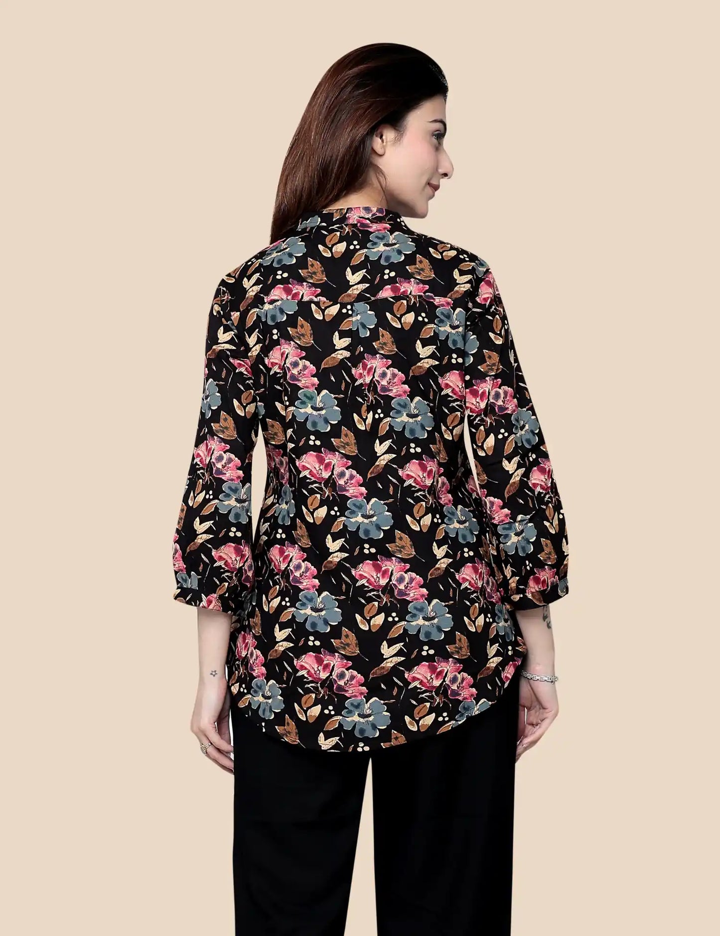 Black Multi Floral Printed Cotton Short Kurti