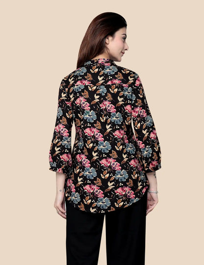 Black Multi Floral Printed Cotton Short Kurti