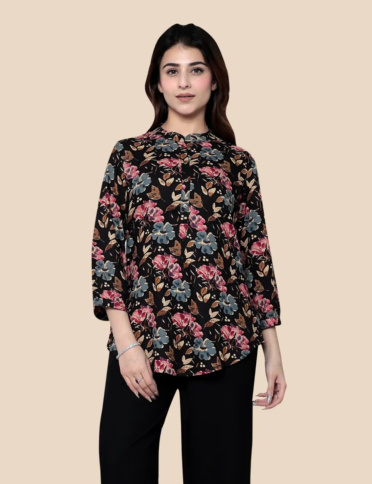 Black Multi Floral Printed Cotton Short Kurti