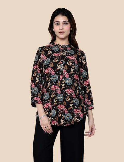 Black Multi Floral Printed Cotton Short Kurti